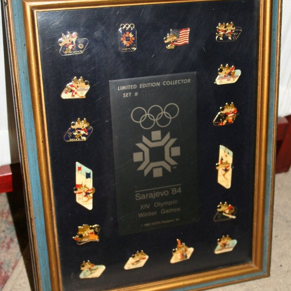 Vintage Sarajevo 1984 XIV Winter Olympics Sixteen Pins Framed Set